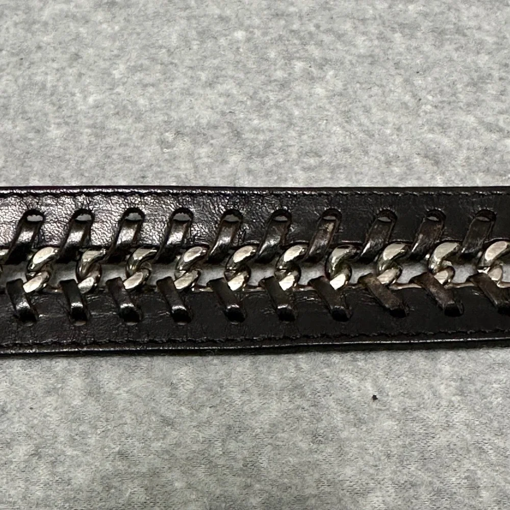 VTG Harley-Davidson Mens Black Leather Chain Link Belt Distressed Biker Logo 38
